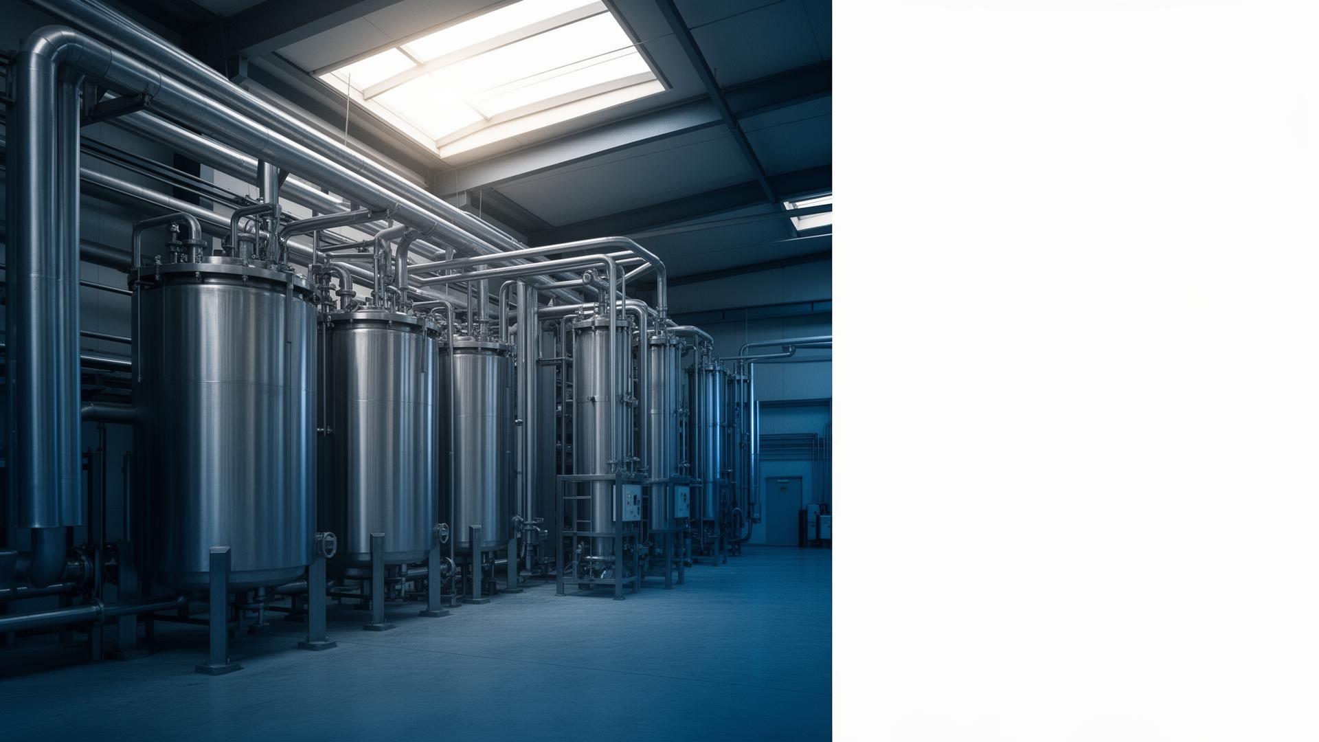 Sala de filtração industrial com tanques e tubulações em aço inox